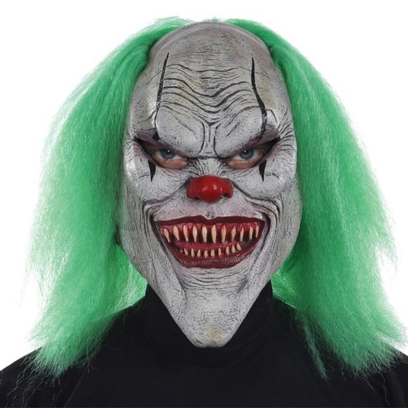 Evil Clown Halloween Mask & Wig Creepy Latex Green Hair Costume Accessory 14+ - Picture 1 of 4